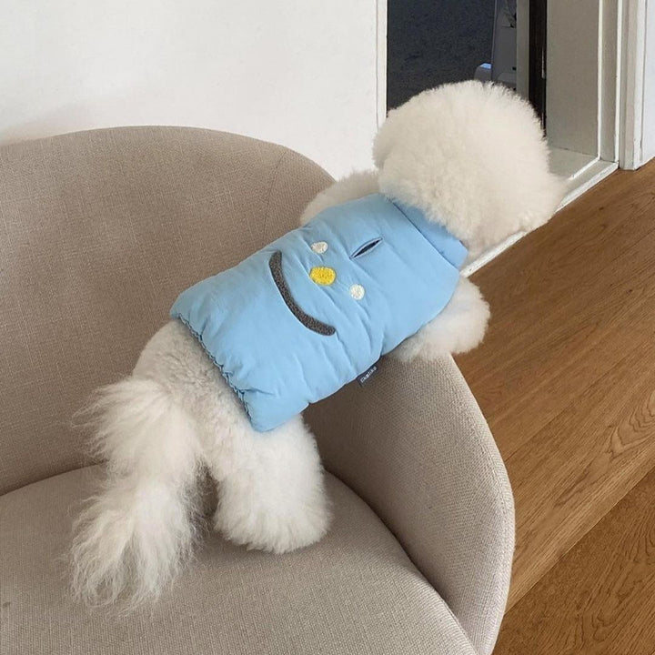 Quilted Puffer Dog Vest with Embroidered Smile Face and Back Harness Slot