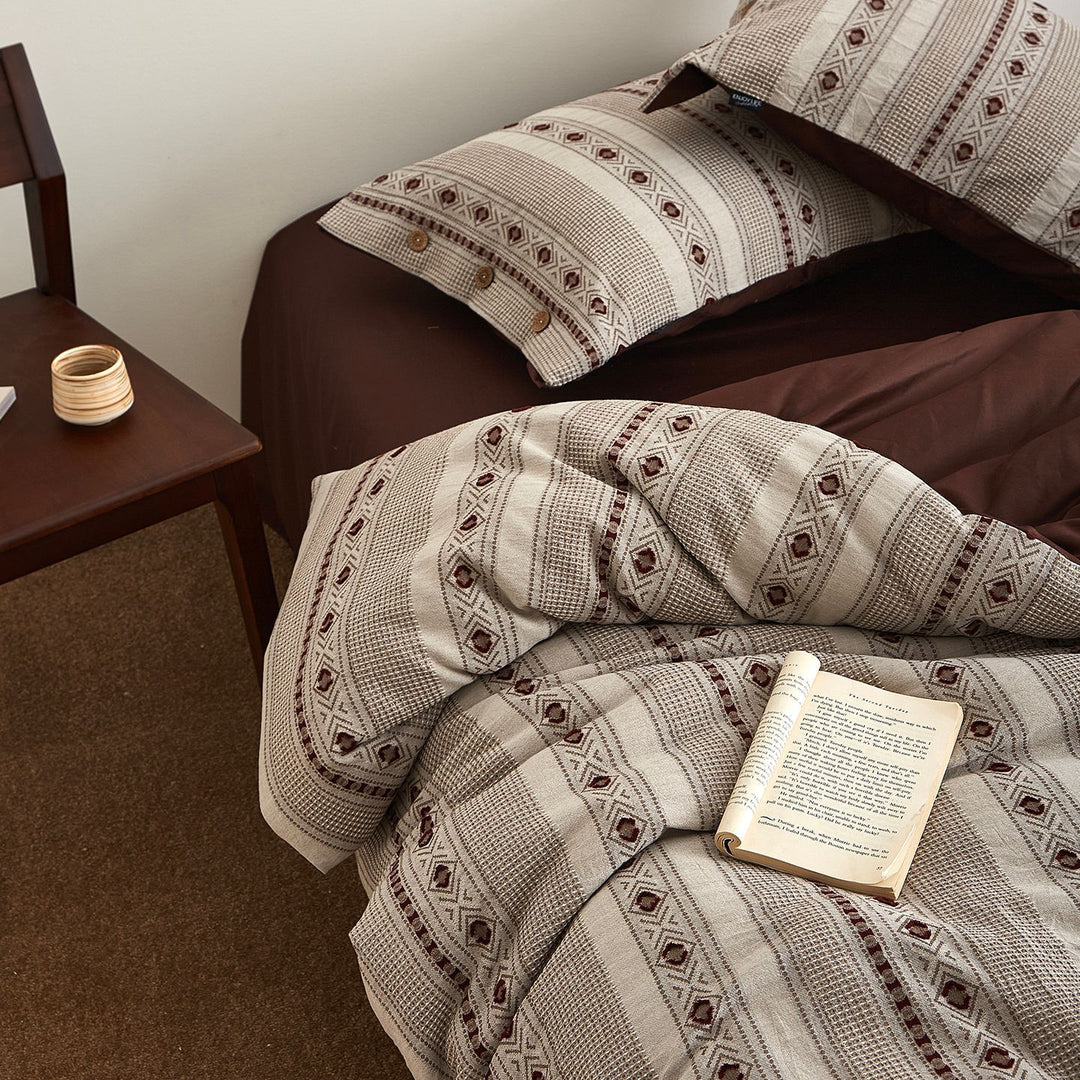 Striped Woven Cotton Duvet Cover Set with Button Closure & Reversible Solid Back