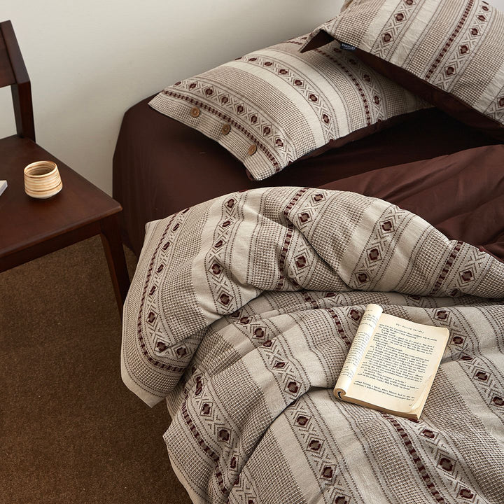Striped Woven Cotton Duvet Cover Set with Button Closure & Reversible Solid Back