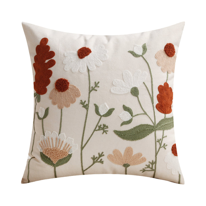 Hand-Embroidered Meadow Motif Linen-Blend Lumbar Cushion Cover