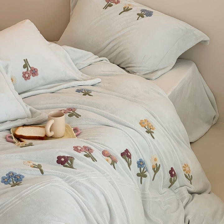 Embroidered Botanical Duvet Cover Set with Piped Edge and Pillow Shams