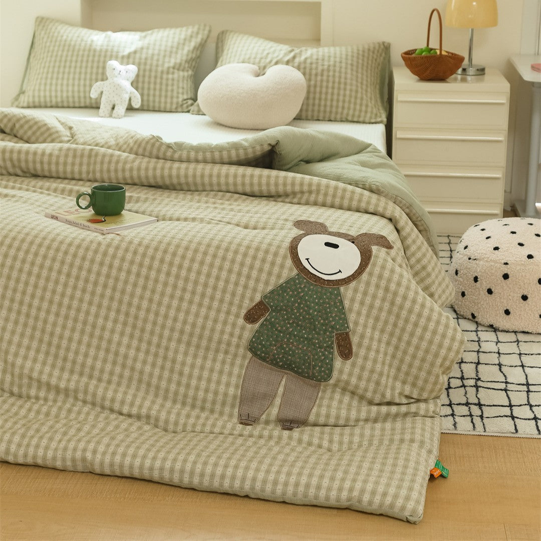 Children's Quilted Gingham Duvet Cover Set with Appliqué Bear Motif