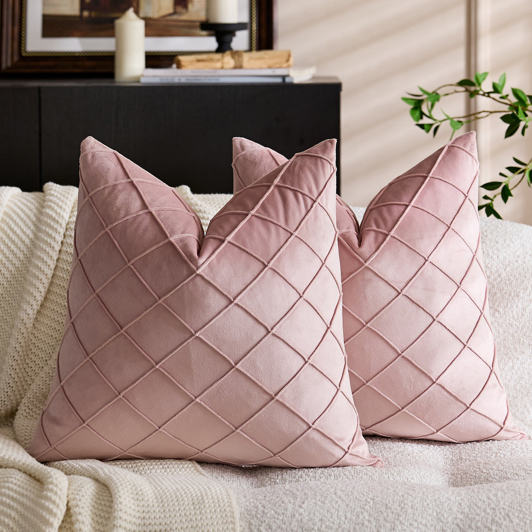 Quilted Diamond Velvet Throw Pillow Cover with Hidden Zipper and Plush Insert Support