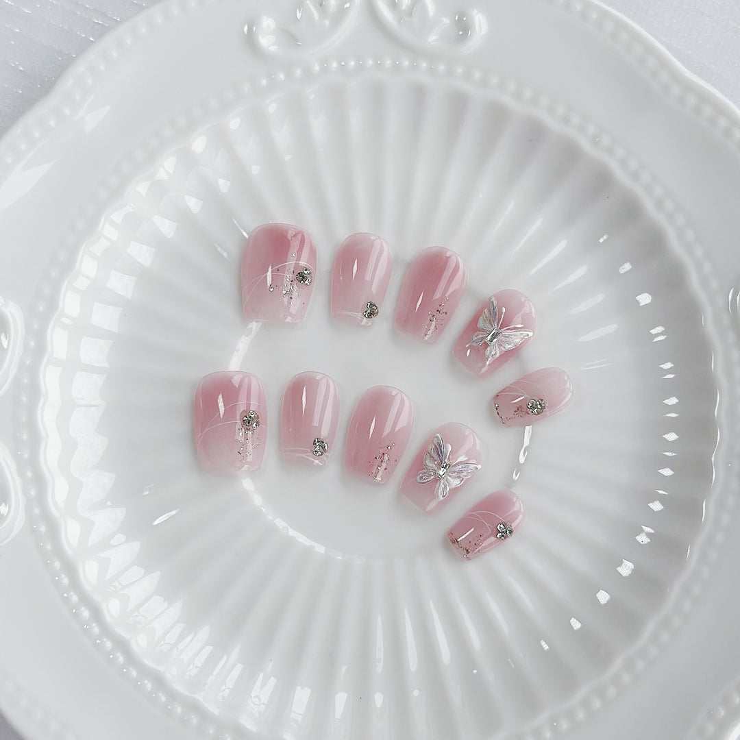 Elegant Press-On Nail Art Set with Butterfly and Gem Embellishments
