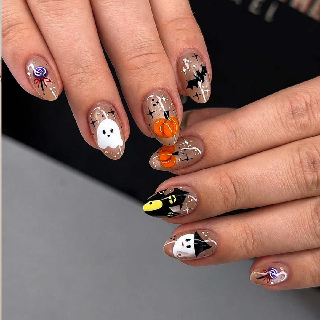 Artificial nail set with cheerful Halloween motif and artistic designs Stornfield