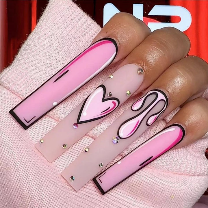Eye-catching artificial nails with soulful heart design and glamorous accents Stornfield