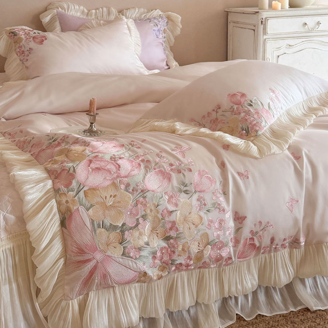 Ruffled Satin-Feel Floral Embroidered Duvet Cover Set with Pleated Ruffle Trim