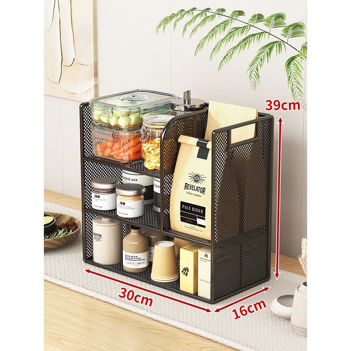Metal Mesh Countertop Pantry Organizer with Multi-Tier Shelves and Vertical Bag Compartment