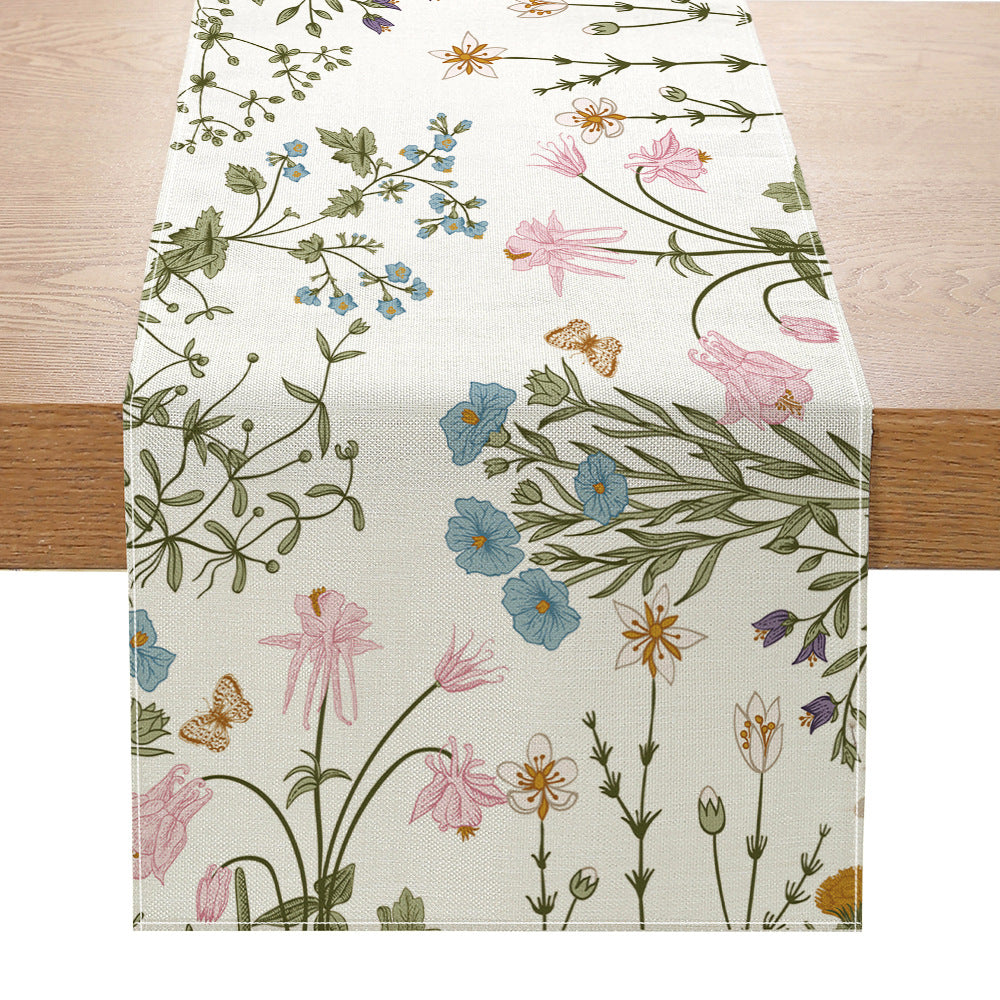 Linen-Blend Watercolor Floral Botanical Table Runner with Stain-Resistant Finish and Hemmed Edges