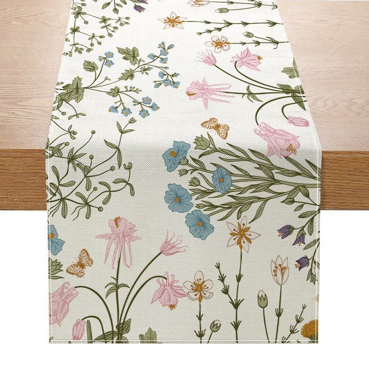 Linen-Blend Watercolor Floral Botanical Table Runner with Stain-Resistant Finish and Hemmed Edges
