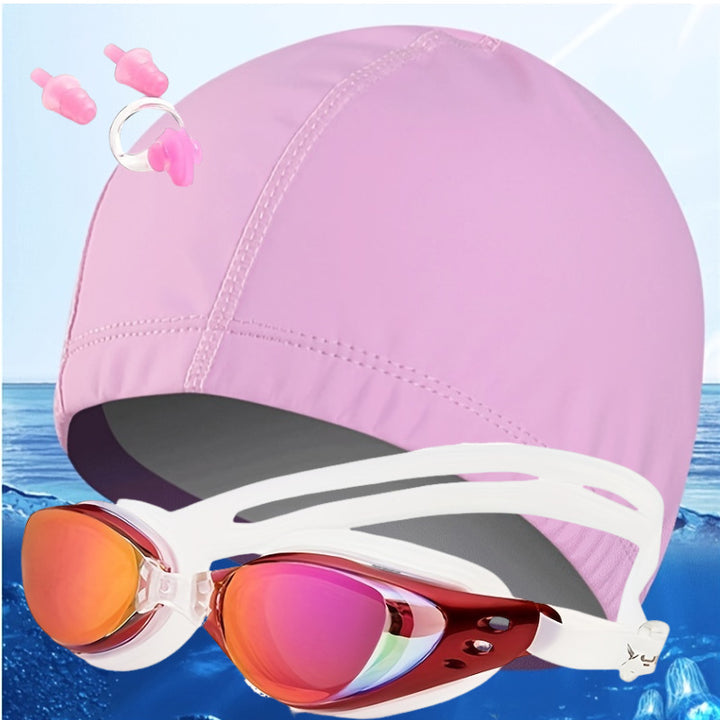 Swim set with hydrodynamic swimming goggles and Stornfield swim cap
