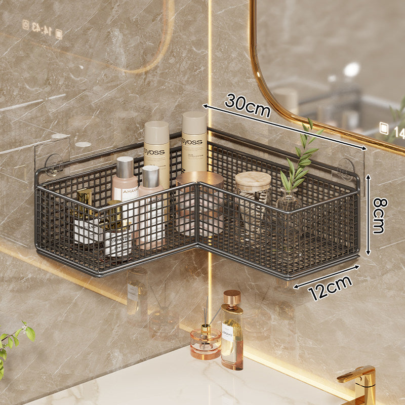 Corner Suction-Mounted Mesh Vanity Organizer with Dual Floating Baskets and Hook Rack