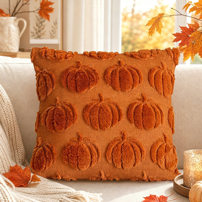 Autumn Pumpkin Chenille Tufted Square Throw Pillow Cover with Plush Raised Motif
