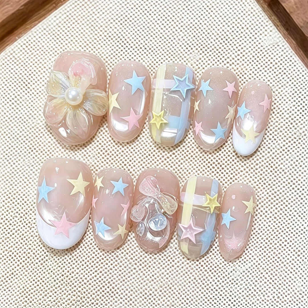Artistic Press-On Nail Set with Star and Flower Designs