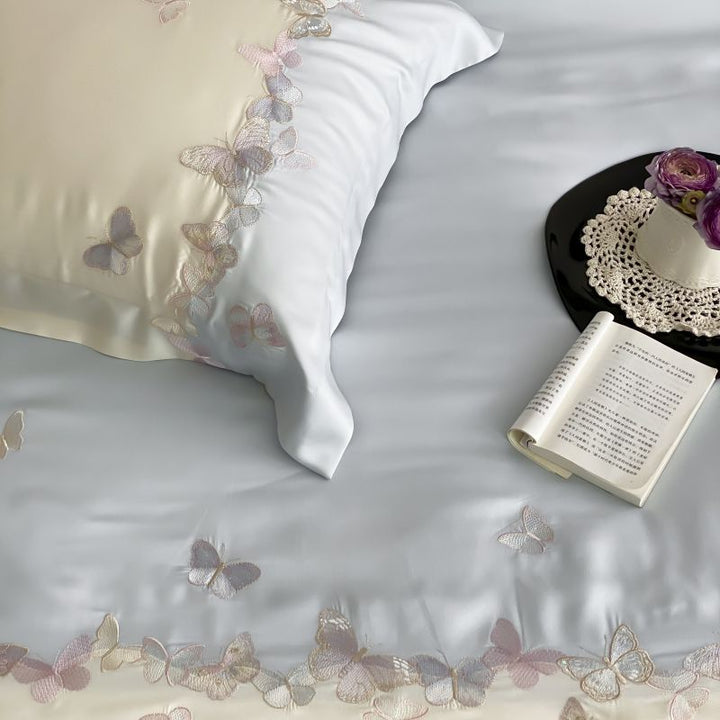 Embroidered Satin-Feel Duvet Cover Ensemble with Reversible Flat Sheet & Pillow Shams