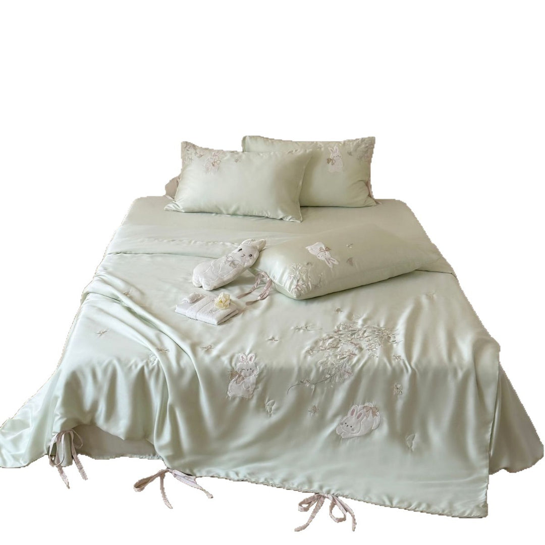 Satin-Feel Embroidered Bunny Duvet Cover Set with Tie-Closure Pillow Shams