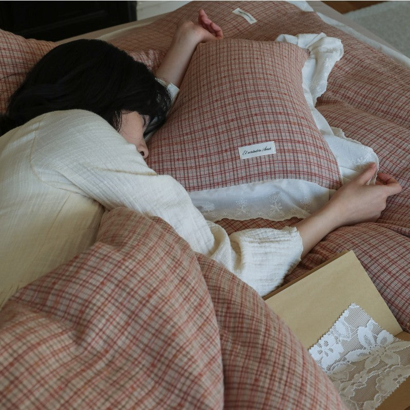 Plaid Cotton-Linen Duvet Cover Set with Ruffled Lace Trim