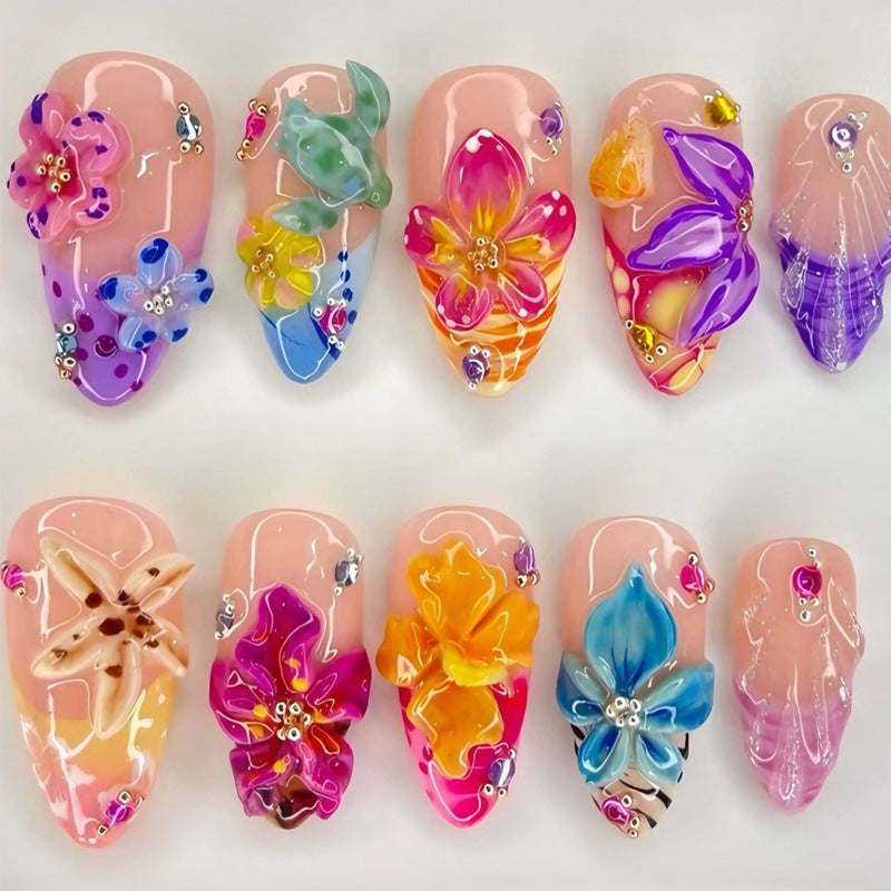 Acrylic nail set with floral 3D decorations Stornfield