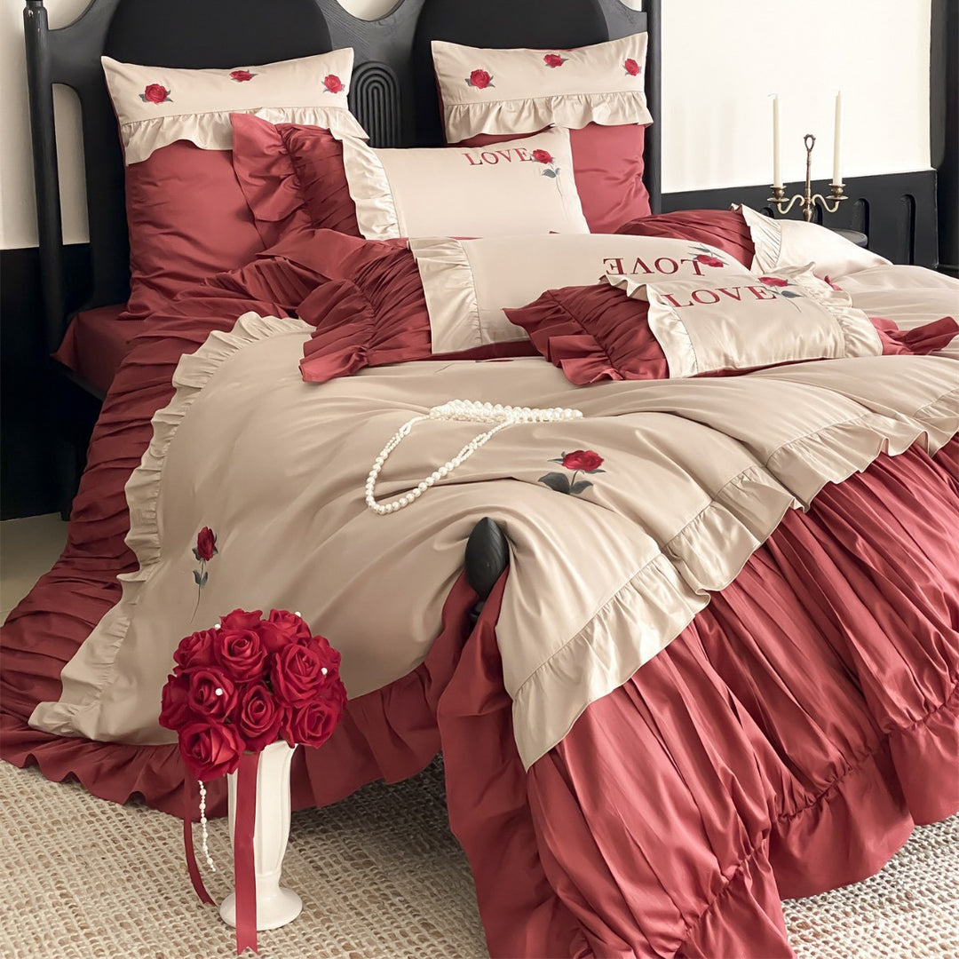 Romantic Ruffled Rose-Embroidered Sateen Duvet Cover & Pleated Bedskirt Set