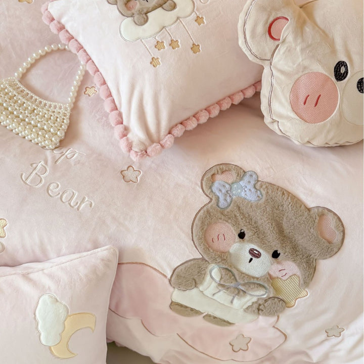 Kids' Embroidered Teddy Cotton Duvet Cover & Pillow Sham Set