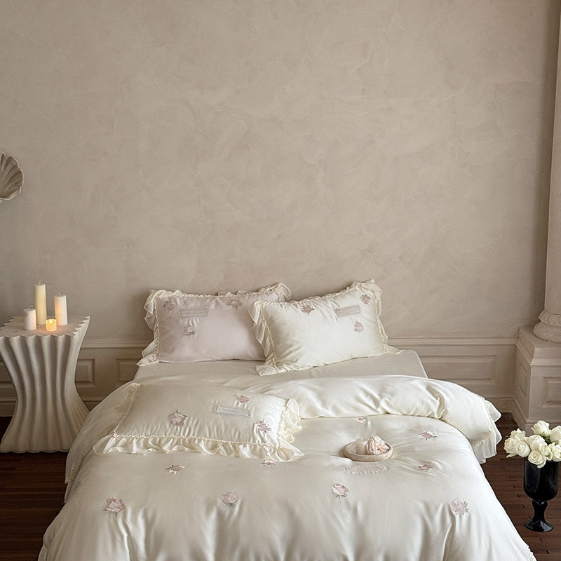 Reversible Cotton-Sateen Rose Embroidered Ruffled Duvet Cover Set with Frilled Pillow Shams and Hidden Closure