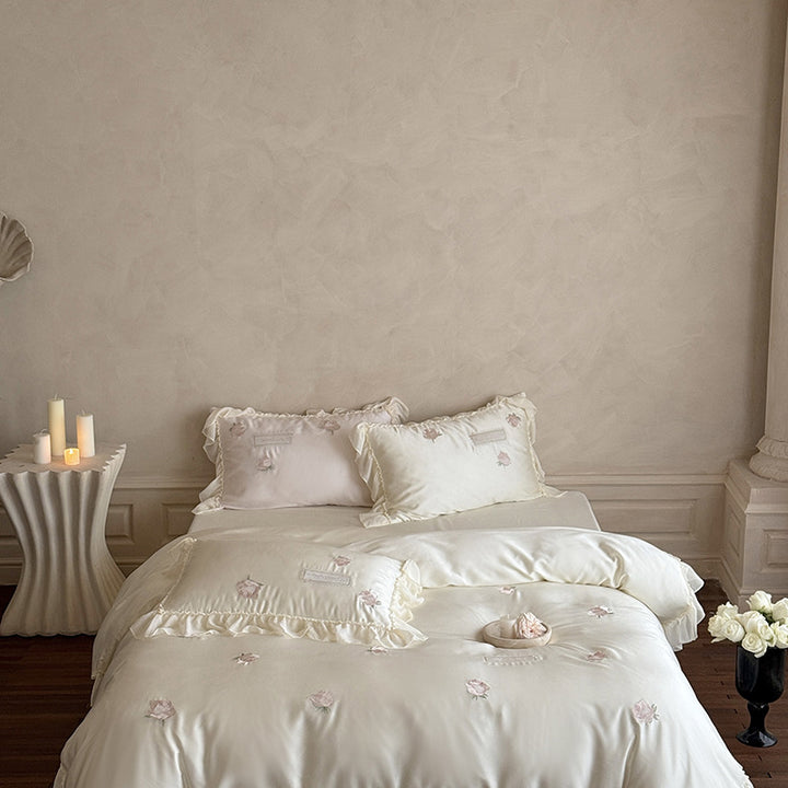 Reversible Cotton-Sateen Rose Embroidered Ruffled Duvet Cover Set with Frilled Pillow Shams and Hidden Closure