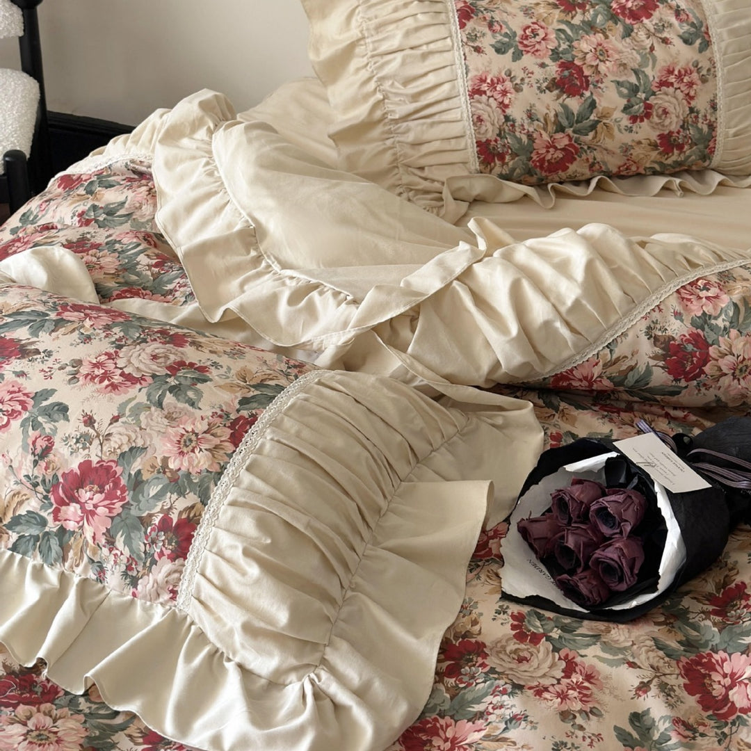 Romantic cotton satin bedding set with floral print, ruffle and decorative pillows