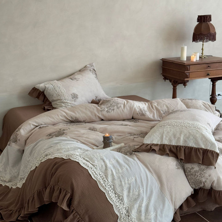Vintage Lace-Trim Ruffled Duvet Cover Set