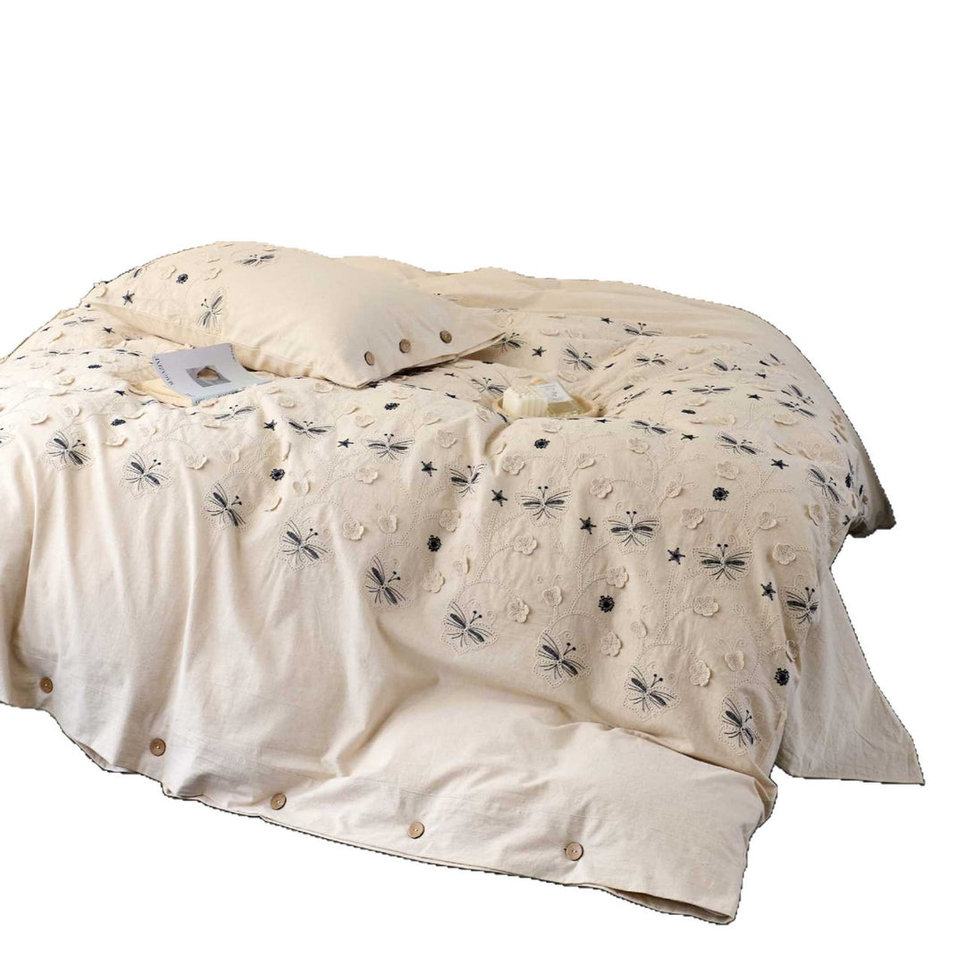 Embroidered Linen-Cotton Butterfly Duvet Cover Set with Button Closure and Decorative Pillowcases