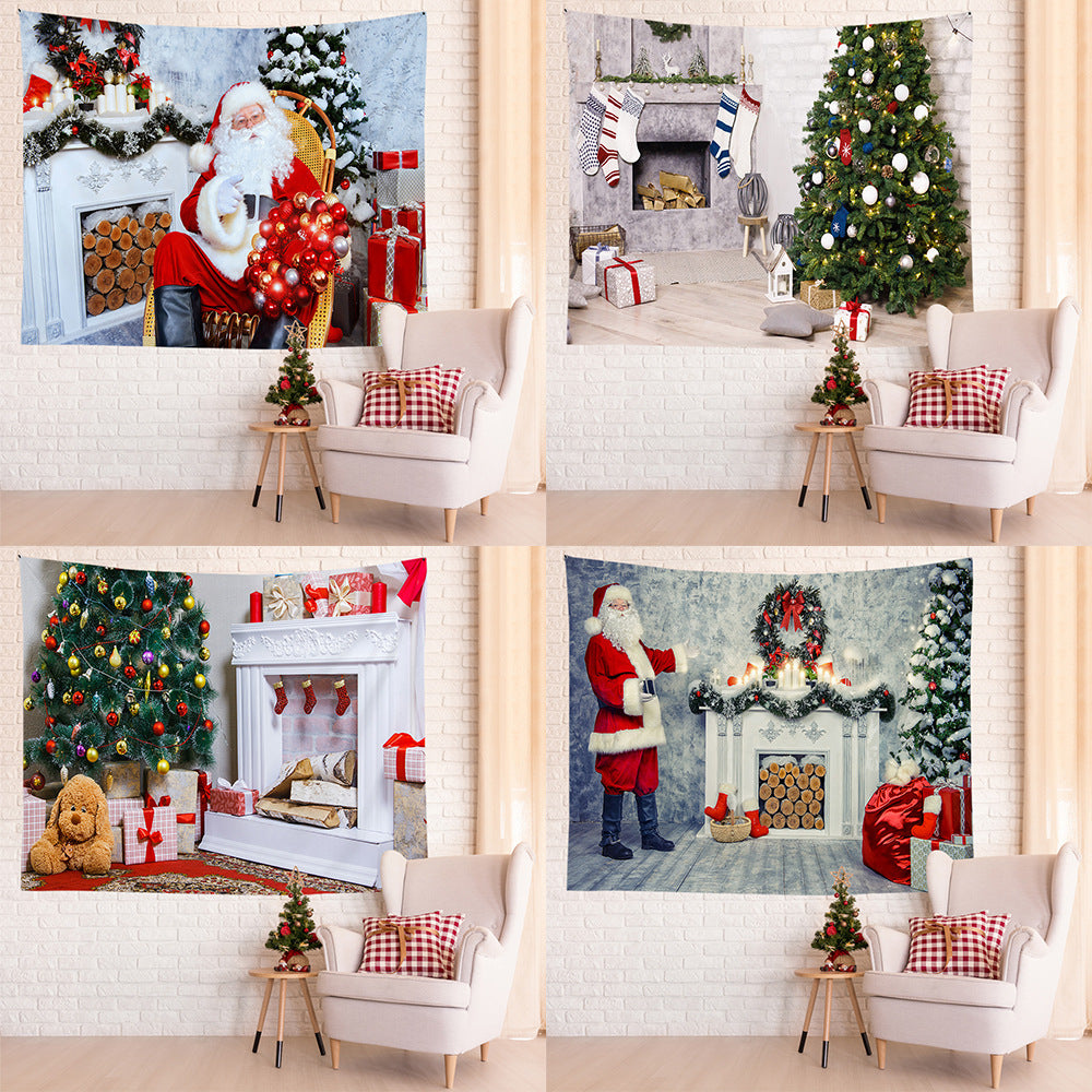 Lightweight Polyester Christmas Fireplace Scene Wall Tapestry Home Decor