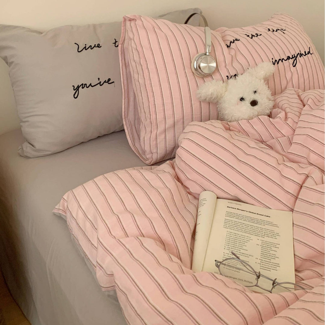 Reversible Cotton Duvet Cover Set with Script-Embroidered Pillowcases and Deep-Pocket Fitted Sheet