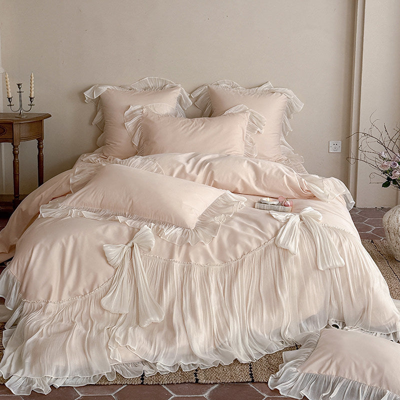 Romantic Ruffled Pleated Duvet Cover Ensemble with Bow-Tie Skirt & Oxford Shams