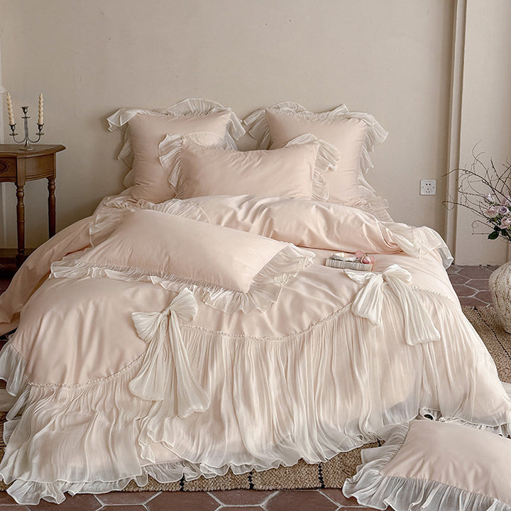 Romantic Ruffled Pleated Duvet Cover Ensemble with Bow-Tie Skirt & Oxford Shams