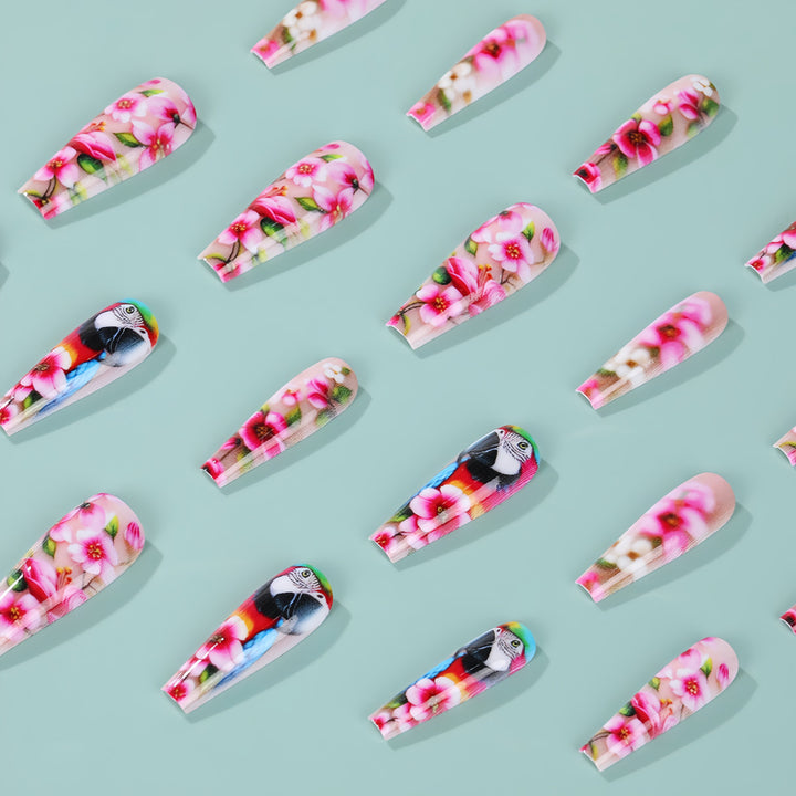 Exquisite Artificial Nails with Colorful Flower and Parrot Design Stornfield