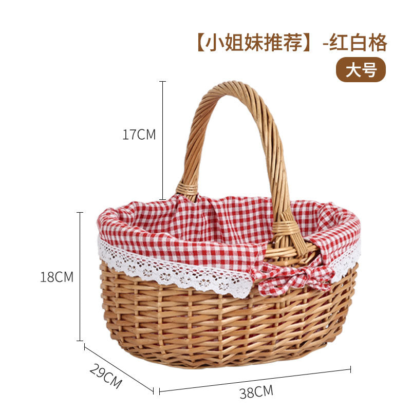 Women's braided basket with checkered fabric insert and decorative lace embellishment Stornfield