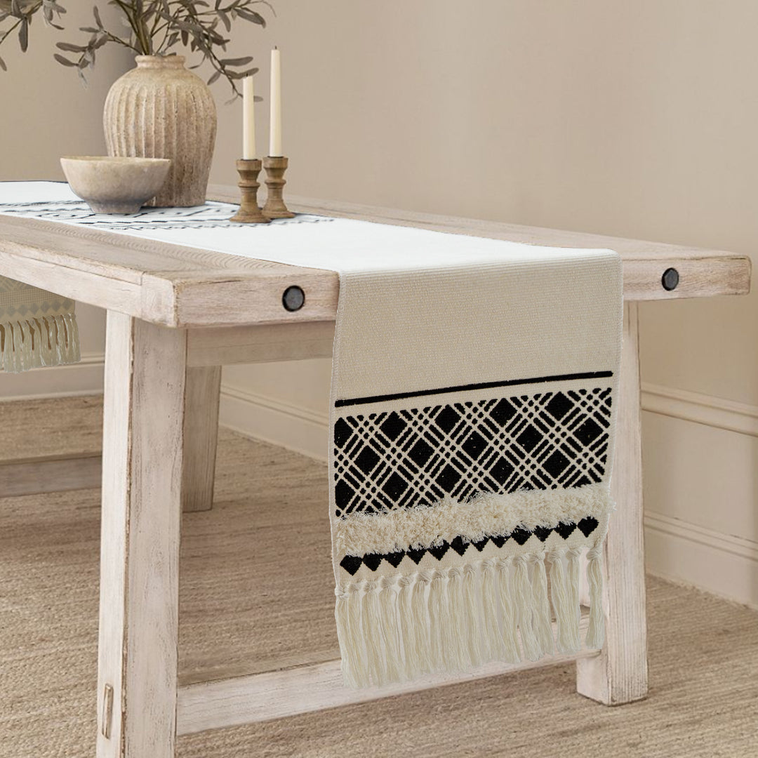 Boho table runner made of a cotton mix with embroidered ethnic motif and fringes
