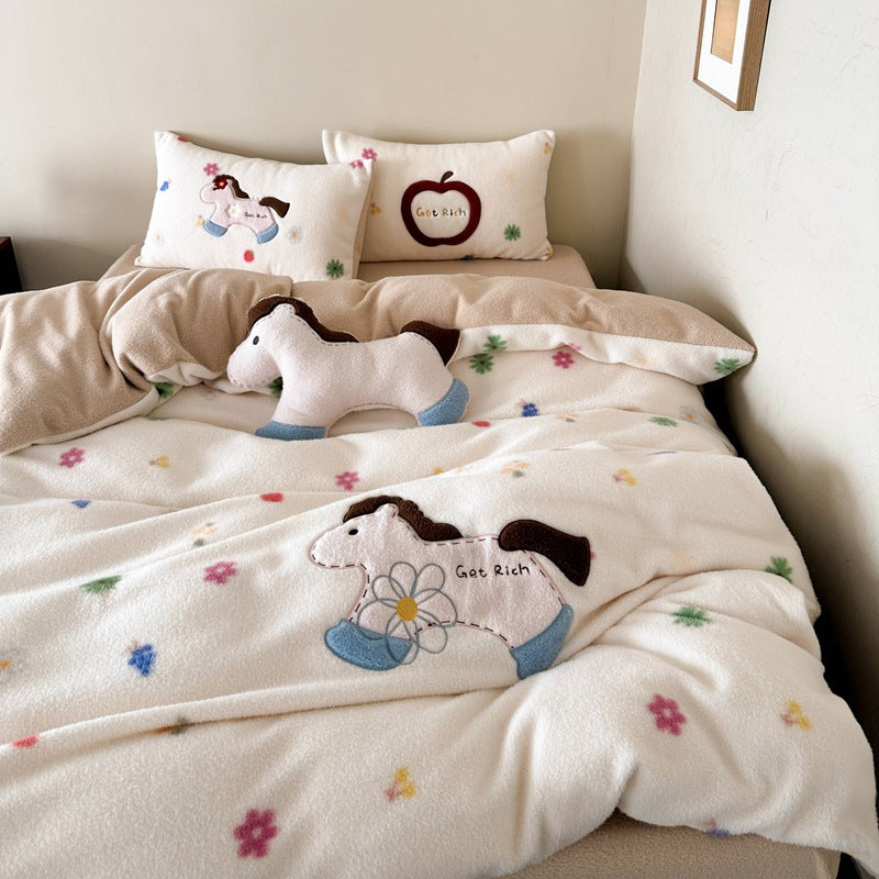Cozy Reversible Bedding Set with Embroidered Horse Applique and Plush Toy
