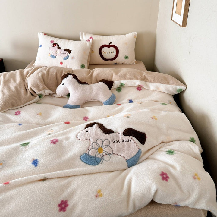 Cozy Reversible Bedding Set with Embroidered Horse Applique and Plush Toy