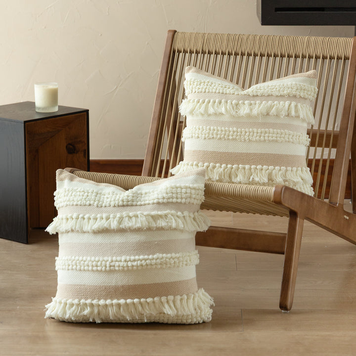 Handwoven Boho decorative pillow with tiered fringe stripes and boucle appliqués