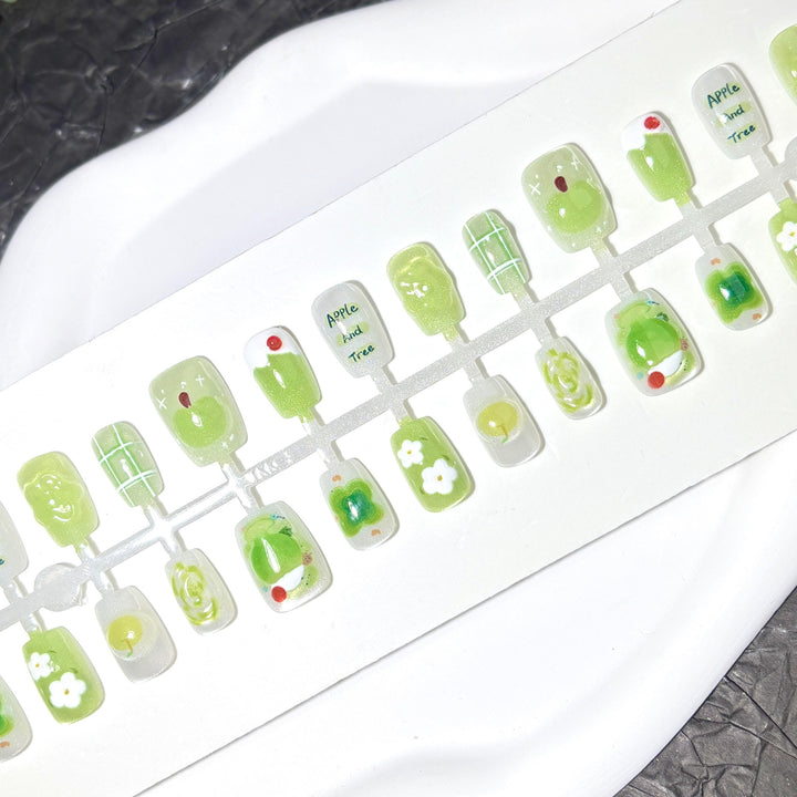 Artistic Press-On Nail Art Set with Apple and Floral Design