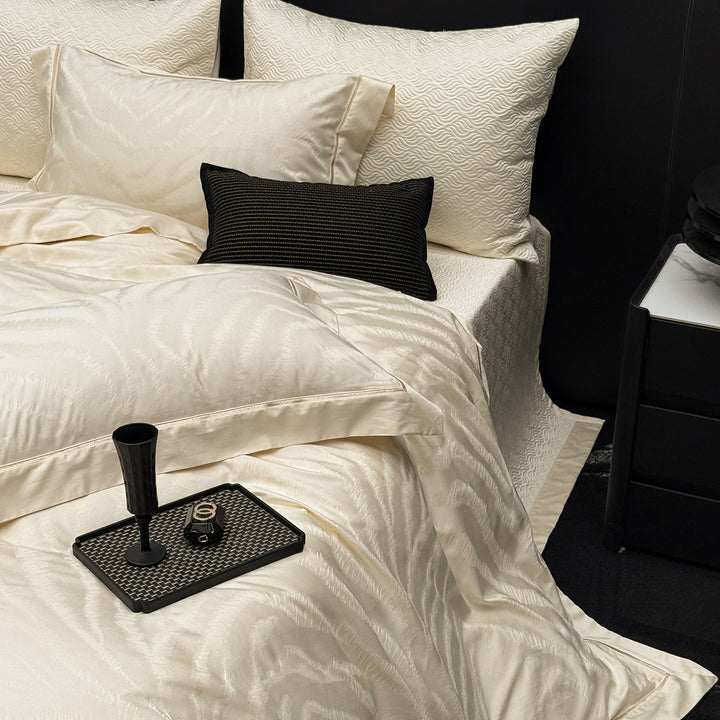Elegant bed linen set made of cotton satin with subtle wave jacquard and satin edge