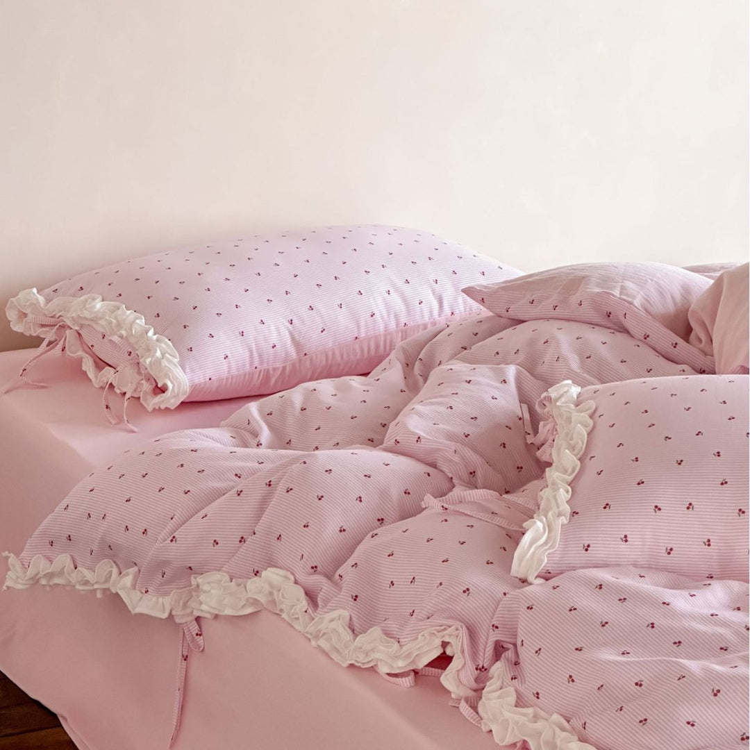 Romantic bedding set with frill, fine cherry pattern, and soft woven cotton