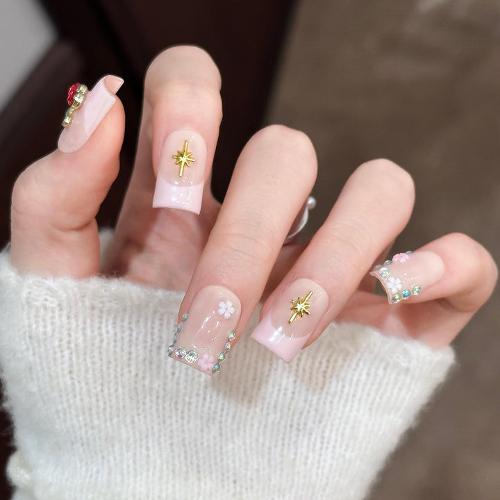 Decorative Floral and Gem Accented Press-On Nail Art Set