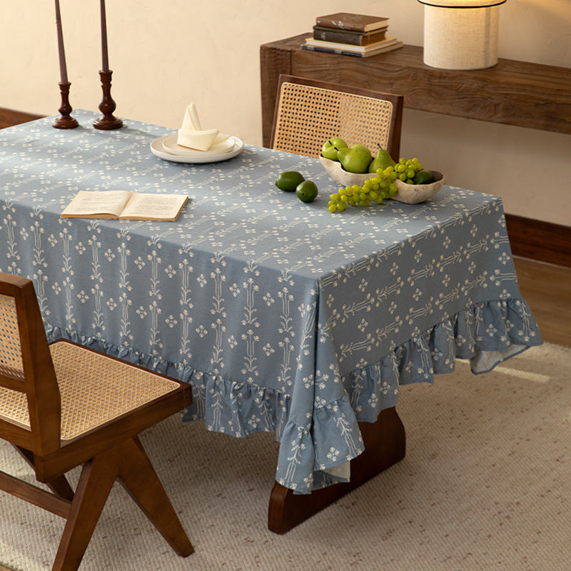 Rectangular cotton blend tablecloth with ruffle and fine jacquard pattern Stornfield