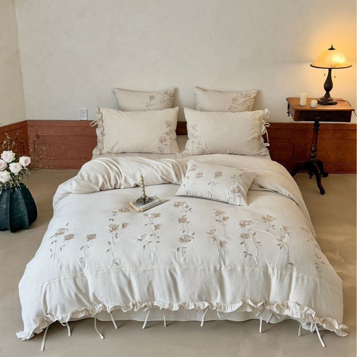 Embroidered Floral Ruffled Linen Duvet Cover Set