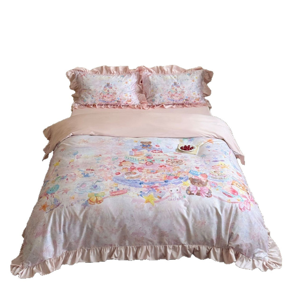 Ruffled Illustrated Duvet Cover Set with Decorative Frilled Shams