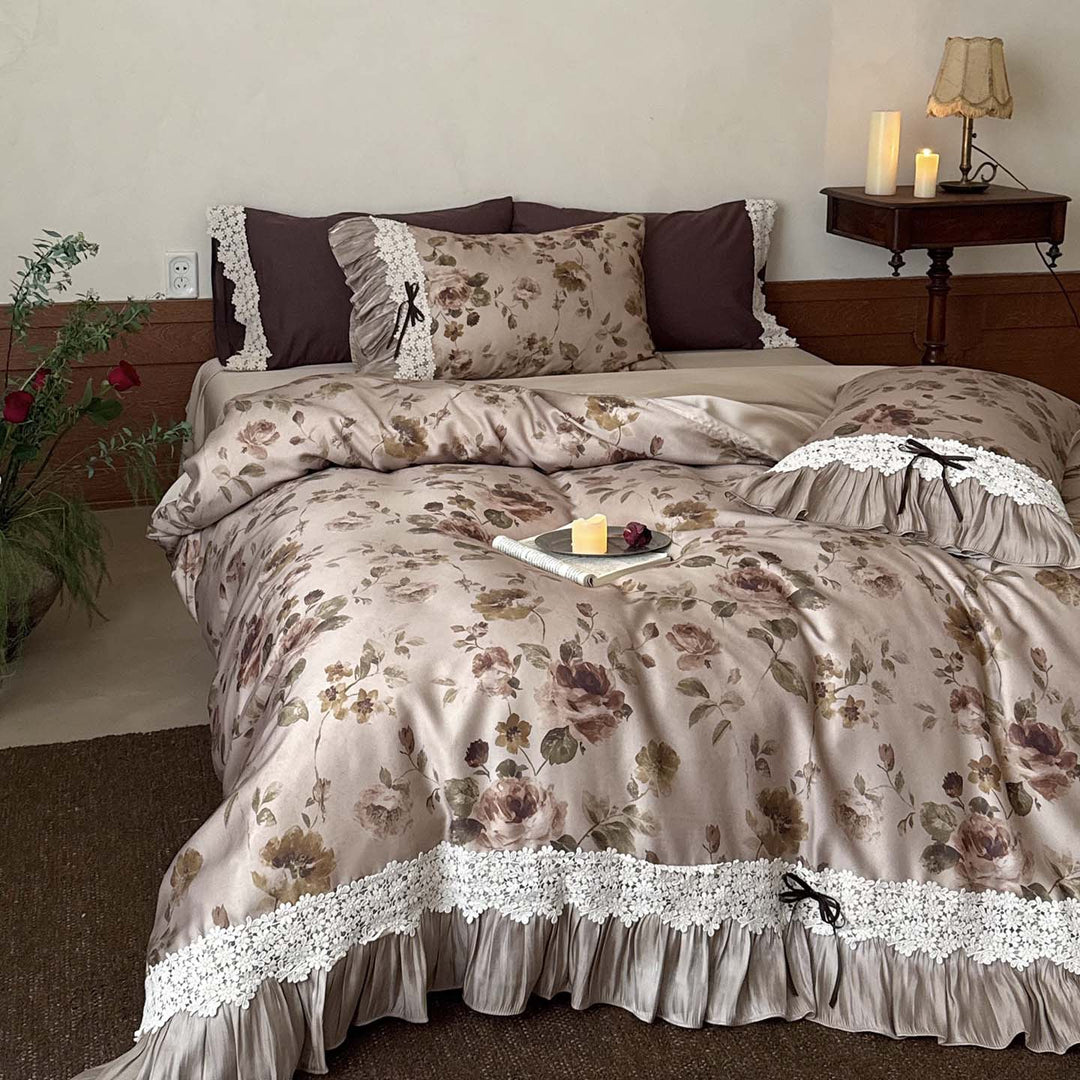 Satin Floral Ruffled Duvet Cover Set with Lace Trim and Pillow Shams