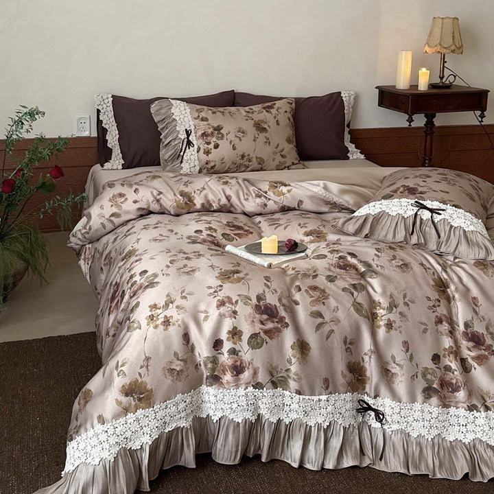 Satin Floral Ruffled Duvet Cover Set with Lace Trim and Pillow Shams