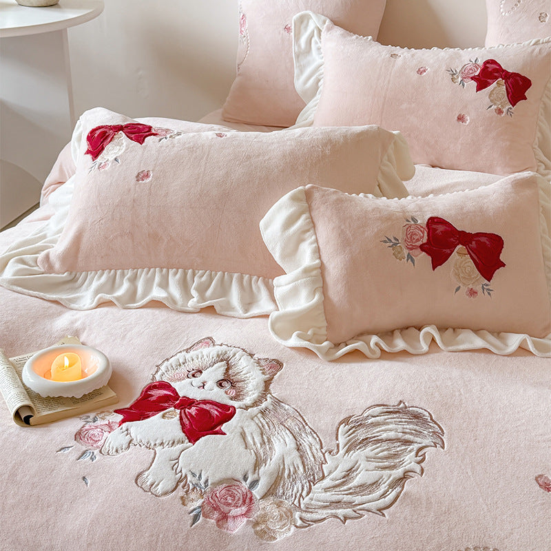 Ruffled Cotton Sateen Duvet Cover Set with Embroidered Kitten & Rose Motif
