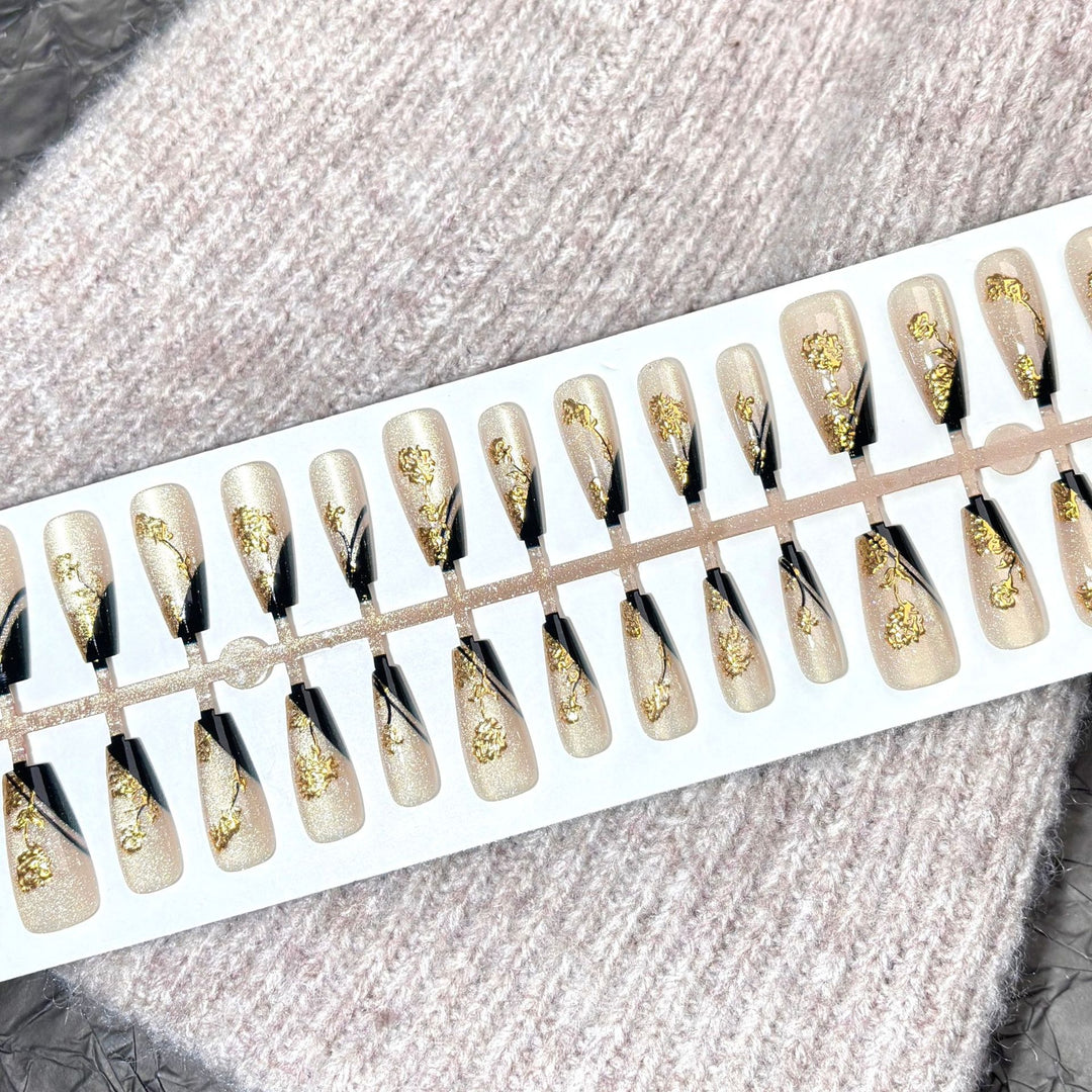 Elegant Press-On Nail Art Set with Glittering Metallic Accents